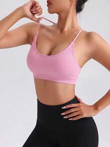 SHEIN Sports Solid Color Ribbed Lace-Up Criss-Cross Seamless Sports Bra - Pink - View 3