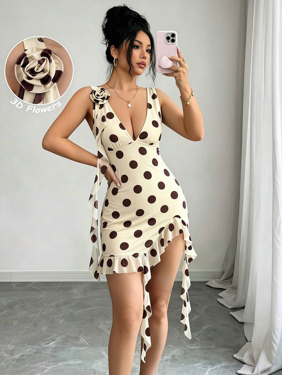 SHEIN Raffinéa Brown And White Polka Dot,Summer,Girly,Date Night 3D Floral Deep V-Neck Mesh Patchwork Stretchy Bodycon Ruched High Slit Ruffle Mini Dress,Y2K - Yellow - View 1
