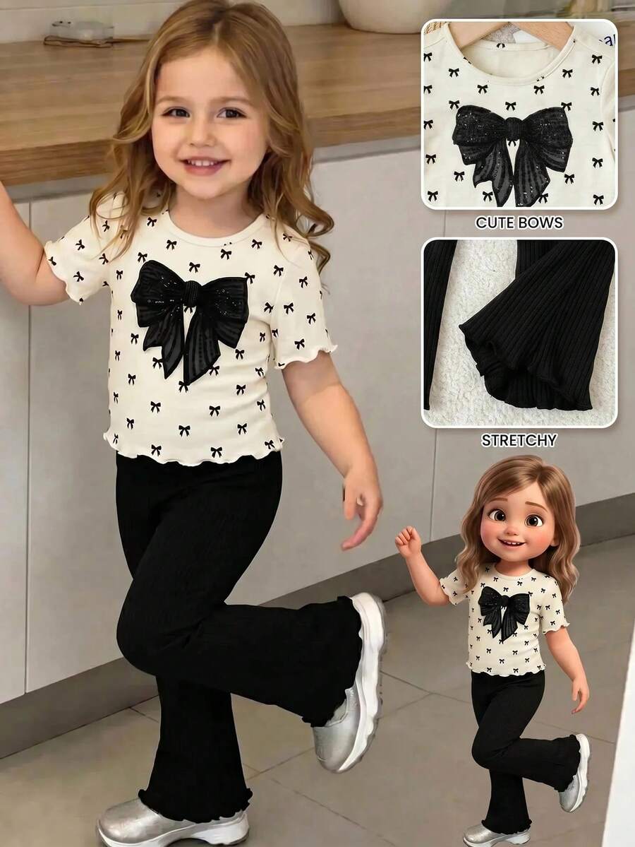 SHEIN 2pcs Baby Girl Knitted Crew Neck Bow Decor T-Shirt And Flared Pants Set - Black and White - View 1