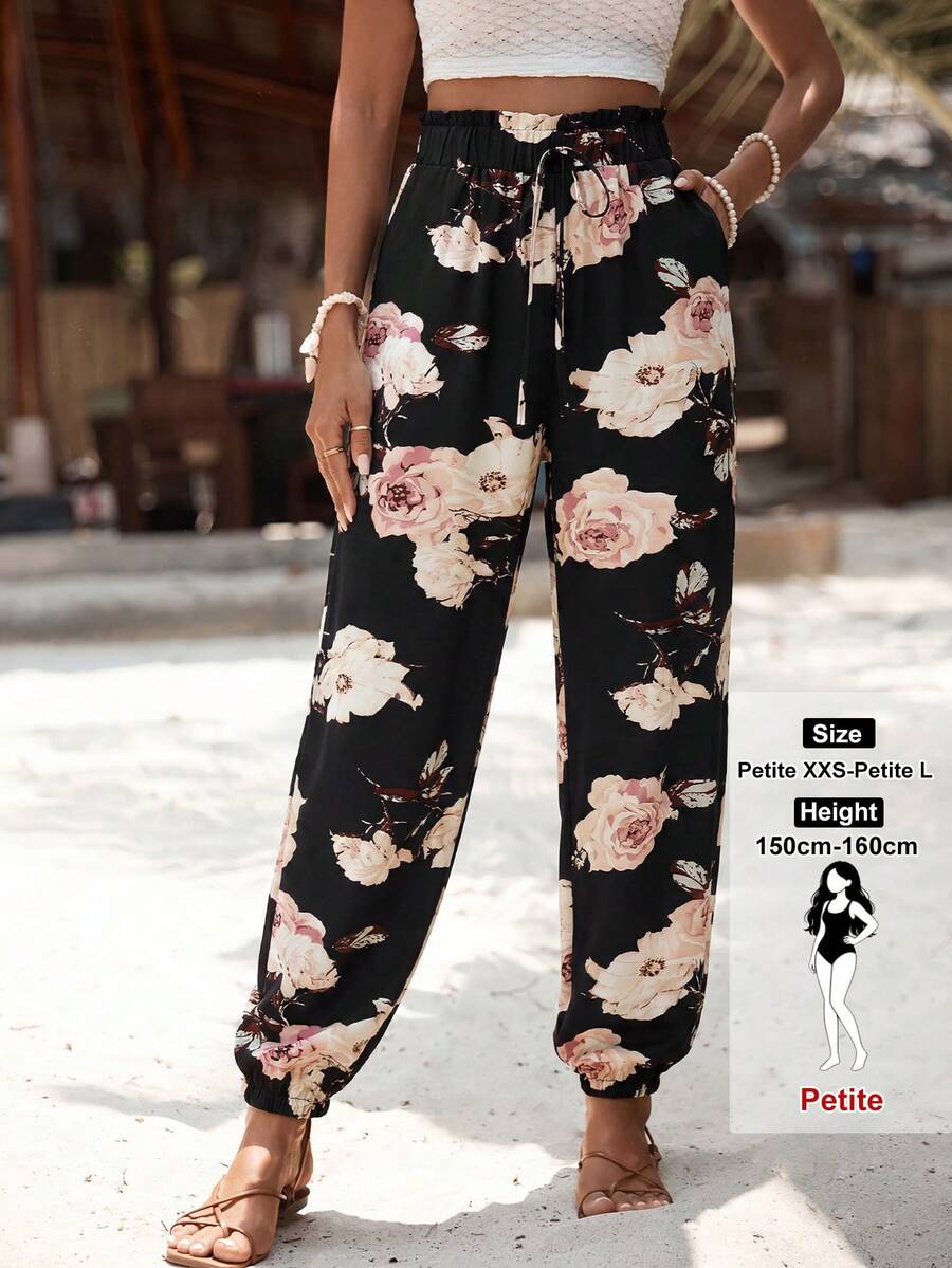 SHEIN PETITE 女款秋季休閒性感度假花卉印花錐形長褲 沙灘黑粉色 - 黑色 - 查看 1