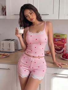 ZzzCrew Pink Small Heart Print Lace Trim Slim Fit Women's Loungewear Pajama Set (2 Pieces) - Pink - View 3