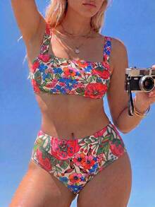 Swim Mod 2026 New Spring/Summer Plus Size 2-Piece Bikini Set Set With Large Scoop Neck And Random Tropical Floral Print, Suitable For Beach And Vacation Wear - Multicolor - View 7