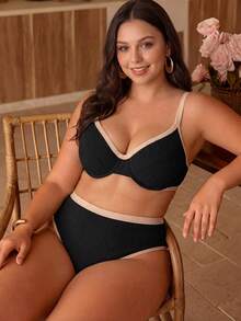 Swim Chiccia Plus Size Colorblock Trim Swimsuit Set - Black - View 3