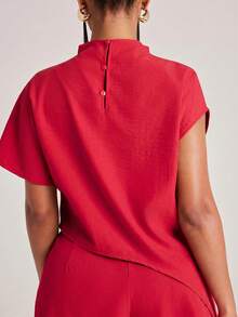 NYA SZN Top High Mock Neck Blouse Short Sleeve High Low Hemline T Shirt Brunch Casual Everyday Unique Bridal Shower Red Outfits For Women - Red - View 2