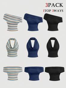 SHEIN MOD 3件組女款無袖上衣，適合海灘、約會之夜、夜店、度假與旅行，露肩/單肩設計，藍色/白色條紋/海軍藍/黑色，夏季性感款 - 彩色 - 查看 12