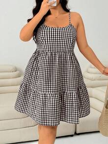 Solflare Gaun Camisole Wanita Ukuran Plus Motif Kotak-kotak Prancis Manis dengan Hem Berumbai - Coklat - View 5