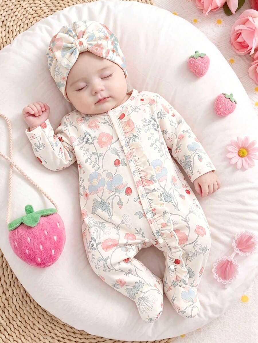 SHEIN Vintaside Kids 秋冬新生兒蝴蝶結復古花卉印花可愛嬰兒連身衣+帽子 - 淺粉色 - 查看 1