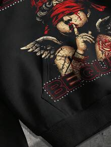 ROMWE MEN Sudadera con capucha con estampado de ángel para hombre - Negro - Ver 3