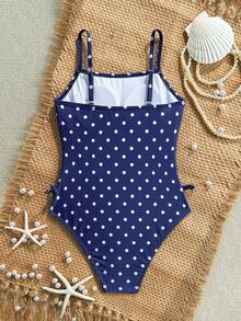 SHEIN Tween Girl Cute Polka Dot Print Ruched Side Bow One-Piece Swimsuit Suitable For Swimming, Vacation, Summer - Navy Blue - View 3
