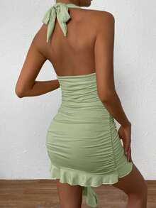SHEIN Unity Summer Solid Color Halter Pleated Sleeveless Dress - Green - View 2