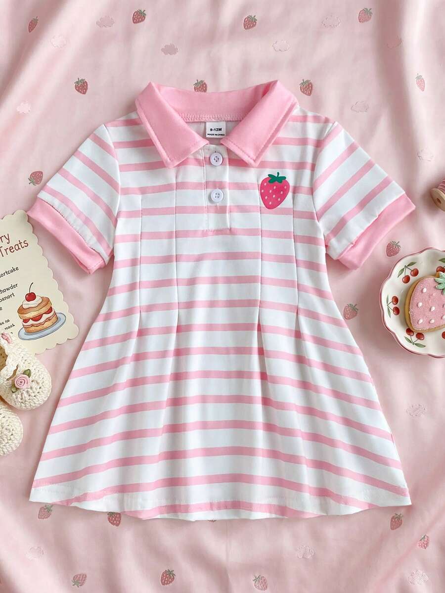 SHEIN Baju Bayi Perempuan Motif Garis-garis Merah Muda Lengan Pendek Model A-Line untuk Musim Panas