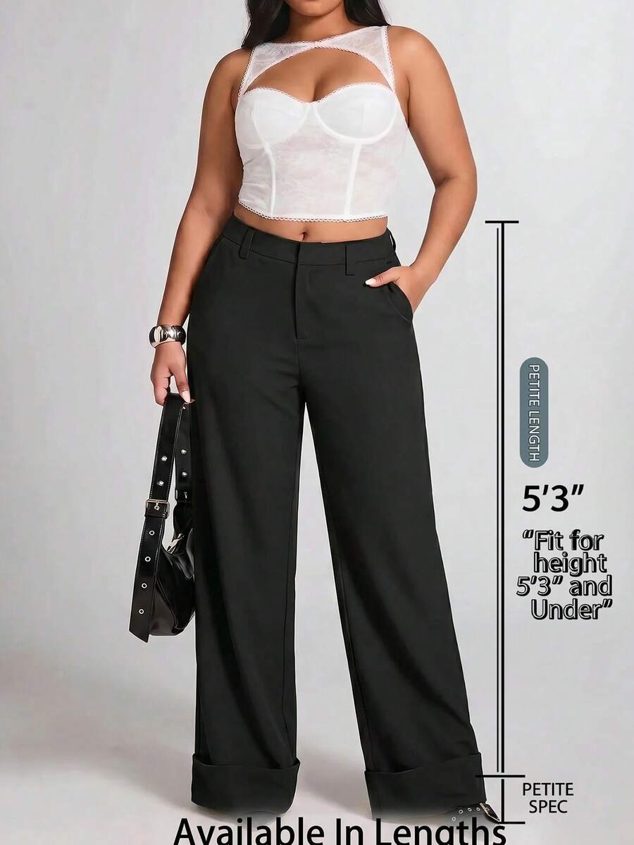 SHEIN PETITE CURVE 大码百搭纯色阔腿裤,适合通勤。 - 黑色 - 查看 1