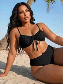 Swim SXY Set Pakaian Renang Liburan Pantai Warna Polos Ukuran Besar - Hitam - View 3