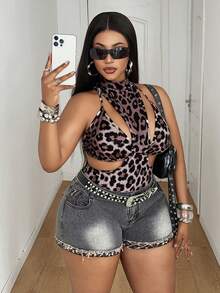Maweii Sexy Charming Fashion Hollow Leopard Print Triangle Cup Plus Size Sleeveless Bodysuit Set, Suitable For Evening Date Outfit, Sexy Date Bodysuit, Hollow Bodysuit, Leopard Print Bodysuit - Brown - View 5