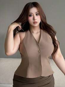 Dazy Plus Solid Color Halter Neck Backless Elegant Formal Summer Top Plus Size Women Spring/Summer Tank Top Going Out Tops - Khaki - View 7