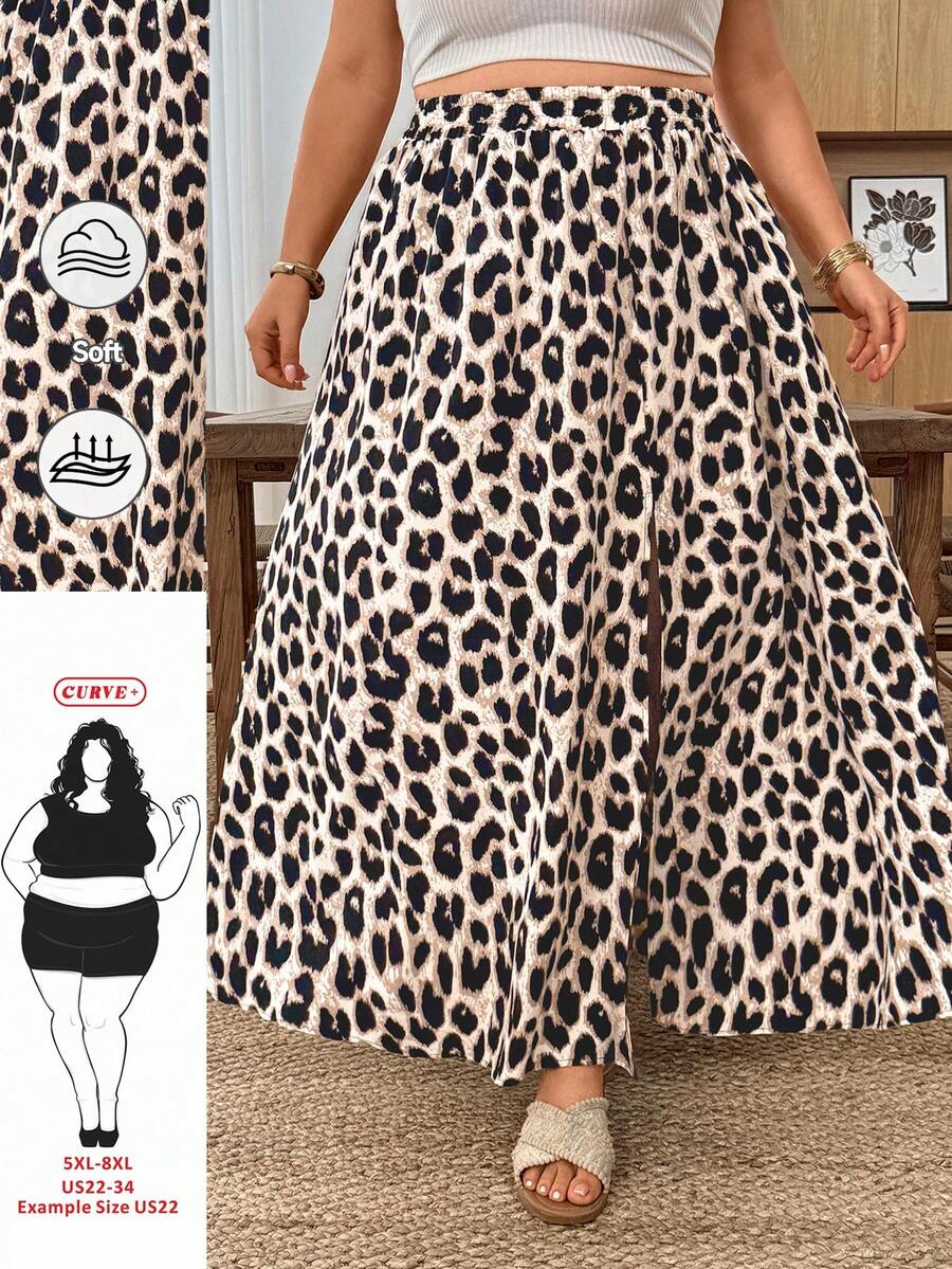 SHEIN CURVE+ 大尺碼豹紋開衩休閒裙