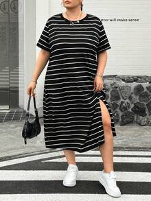 SHEIN CURVE+ 大码女装春夏时尚休闲宽松舒适基础款日常修身开衩黑色条纹短袖中长连衣裙，机场穿搭，复古富家风，教师装，女士教堂礼服，女士夏季穿搭，曲线连衣裙 - 黑與白 - 查看 4