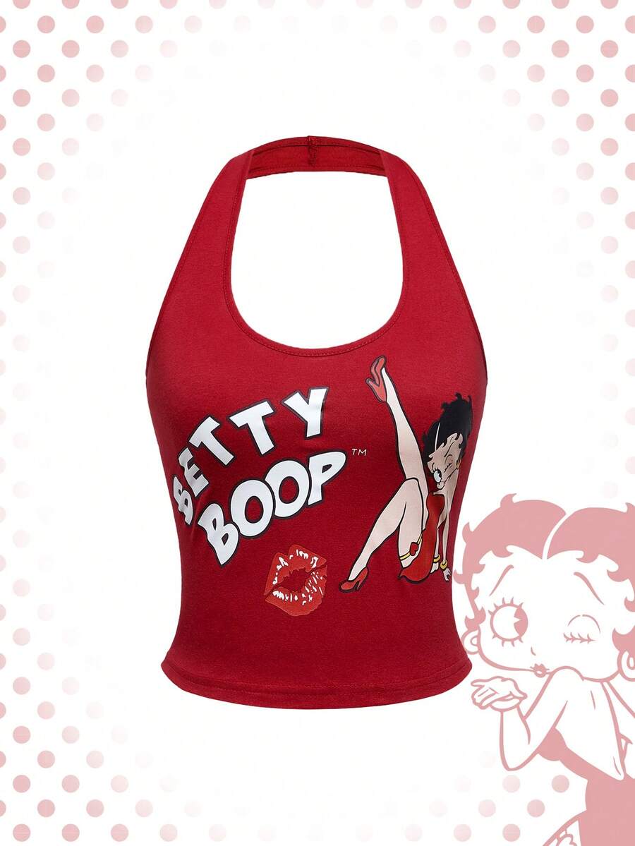 Betty Boop | ROMWE Parte superior entallada y recortada de correa de cuello alto con estampado de personajes de dibujos animados y letras para el verano, la escuela - Rojo - Ver 1