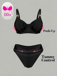 Swim DD+ 女款純色細肩帶三角比基尼套裝，金色裝飾，2件組 - 黑色 - 查看 2