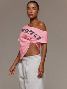 MUSERA Camiseta con hombros descubiertos, estampado gráfico, cintura fruncida, dobladillo triangular lateral, linda, para uso diario, descanso, aeropuerto, vacaciones, verano, altitud - Rosa - Ver 3