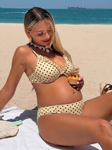 SHEIN 26SS Summer Beach Vacation Yellow Ruffle Textured Fabric Maternity Swimsuit Set - Multicolor - View 5