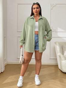SHEIN EZwear Kemeja Wanita Ukuran Besar Warna Hijau Mint dengan Tekstur dan Kantong, Model Kancing Tunggal - Mint Green - View 5