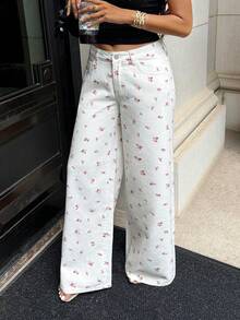 Rivivi Jean large et ample décontracté à poches avec imprimé floral discret pour femmes - Blanc - Voir 5