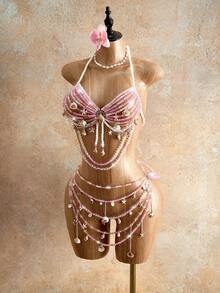 Mistrie Women's Summer Beach Beaded Shell Crystal Halter Bikini Top And Skirt Decoration Set - Pink - View 7