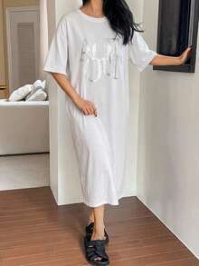 DAZY Women's Letter Print Casual Daily Home Short Sleeve Nightgown Summer Pajamas - White - View 6