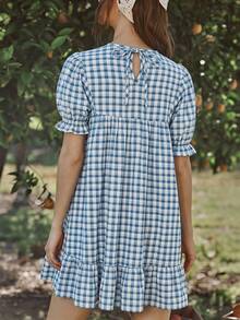 WESTFADE Vestido mini babydoll con mangas cortas abullonadas, volantes escalonados, estampado floral y a cuadros , estilo campestre para mujer, verano, vacaciones, casual, estilo campestre - Azul - Ver 6