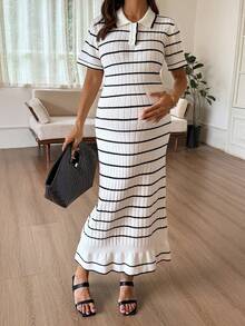 Dazy Maternity Colorblock Patchwork Fitted Bodycon Long Short Sleeve Spring Summer Early Autumn Elegant Casual Maternity Sweater Dress - White - View 4
