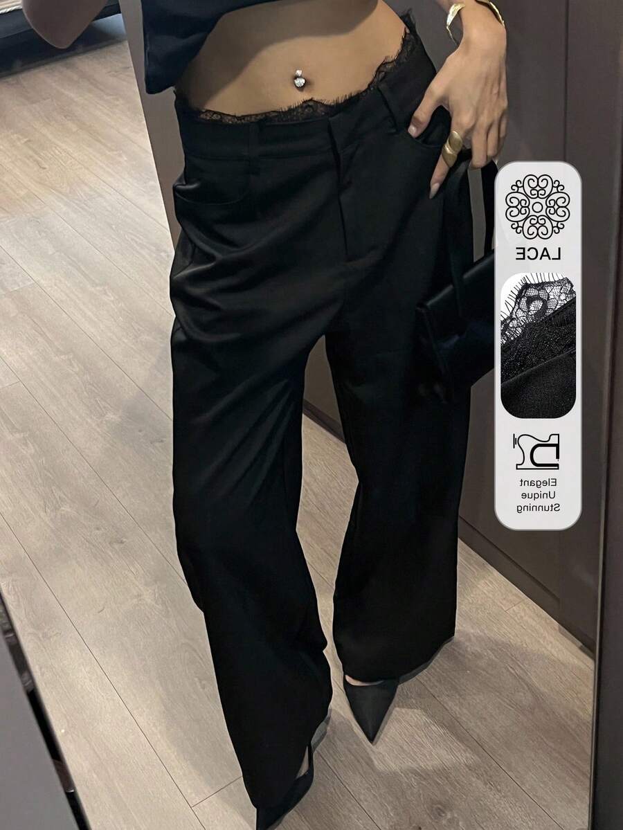 DAZY 女款蕾絲休閒韓風素色優雅直筒褲 春季小個子適用 - 黑色 - 查看 1