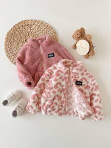 SHEIN 2pcs Jaket Bayi Perempuan Musim Gugur/Musim Dingin Lucu Serbaguna Kasual Berbulu dengan Kerah Tegak - Berwarna merah muda - View 5