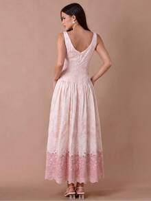 Enchnt Women's Contrast Color Button Half-Placket Embroidered Sleeveless Elegant Long Dress - Pink - View 2
