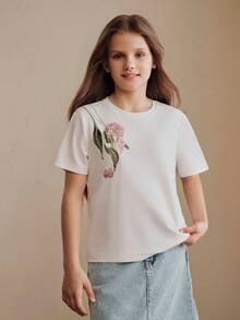 Anewsta Tween Girl New Spring/Summer Floral Print Sequin Embroidered T-Shirt - White - View 3