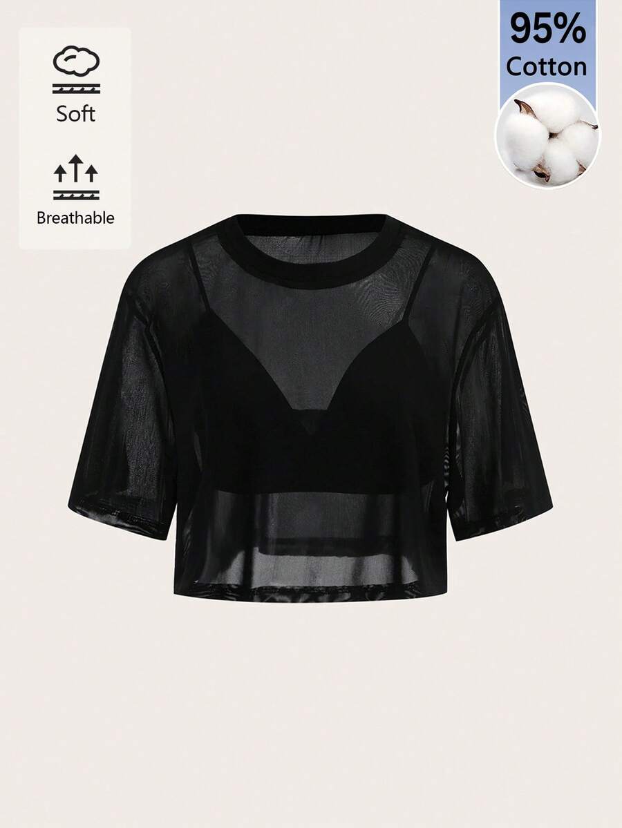 SHEIN BASICS 女款純色網紗圓領短袖上衣搭配短版背心 - 黑色 - 查看 1