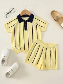 SHEIN 2pcs Kids Young Boy Summer Autumn Casual Yellow Striped Polo Knit Top And Striped Knit Shorts Sweater Set Polo Set Boys Outfit Summer Set Striped Set - Multicolor - View 4