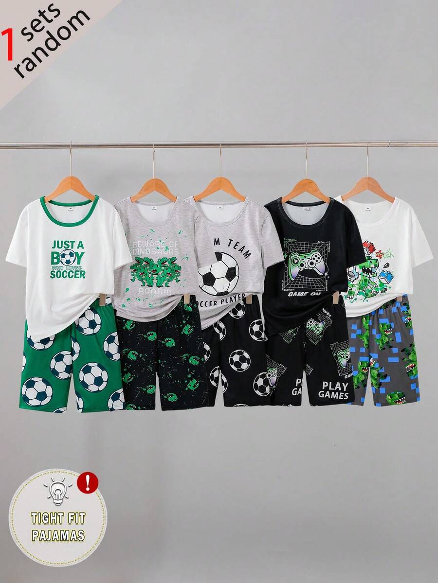 【1套隨機發送】青少年男孩春夏足球恐龍遊戲機鯊魚卡通印花短袖T恤短褲套裝,舒適居家服,適合戶外穿著 - 彩色 - 查看 1