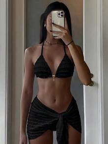 Costavie 女款春夏提花面料掛脖金屬裝飾裙 3件式比基尼套裝 - 黑色 - 查看 1