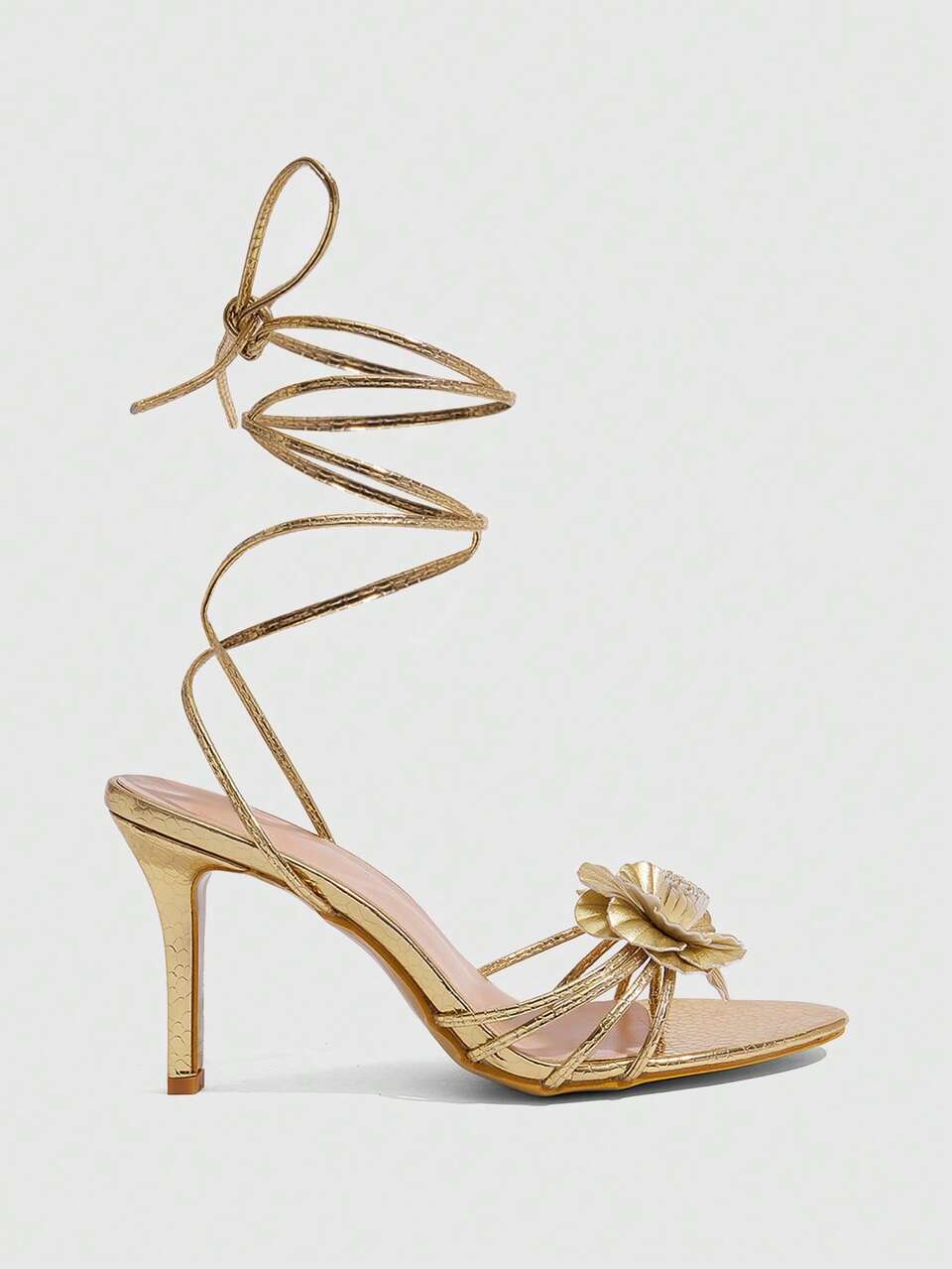 CUCCOO SZL Women Shoes Golden Snake Pattern Leather Three-Dimensional Camellia Pointed Toe Thin Heel Strap Sandals Light Luxury Celebrity Style Spring And Summer