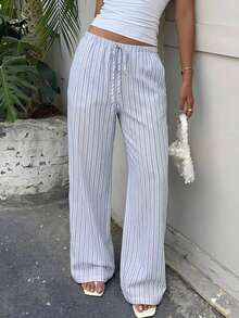 Firerie Women's Casual Comfortable Fashion Drawstring Waist Pocket Striped Elastic Pants, Versatile For Home, Outdoor And Back To School - Blue and White - View 2