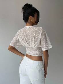 Aloruh White Polka Dot Deep V Ruched Short Sleeve Tight Fitted Women T-Shirt Birthday Summer Elegant - Apricot - View 2