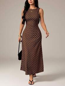 SHEIN PETITE Women's Elegant Vintage Polka Dot Print Backless Tie-Waist Sleeveless Dress, Summer Long Brown And White Polka Dot Split Sundress, Petite Vacation - Brown - View 6