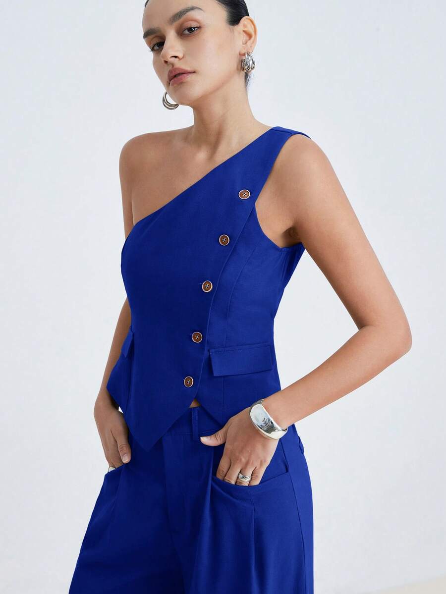 Aveloria Modichic Desain Asimetris Satu Bahu, Elemen Kancing Dekoratif, Celana Panjang Lebar Lurus Pinggang Tinggi, Potongan Slim Fit, Kain Poliester Nyaman. Kata Kunci Populer: Set Ukuran Standar, Tank Top Satu Bahu, Celana Panjang Lebar, Detail Kancing, Pakaian Kantor, Gaya Mewah, Potongan Slim Fit, Koleksi Musim Panas Terbaru, Kustomisasi Kelas Atas. Set Dua Potong Wanita untuk Perjalanan & Kencan - Royal Blue - View 1
