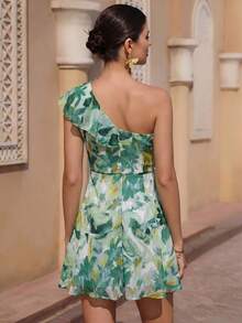 BELROSIE European And American Style Spring/Summer New Fashion Versatile White Floral Thread Chiffon Ruffle Sleeveless Dress, Single Shoulder Ruffle Dress - Green - View 2