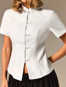 COSMINA Top elegante de manga corta con diseño de botones de rana de unicolor para mujer - Blanco - Ver 7