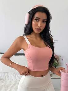 DAZY Contrast Color Shoulder Strap Padded Cropped Sports Bra For Women - Pink - View 7