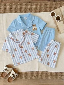 SHEIN 4pcs/Set Baby Boy Summer Cute Casual Cartoon Pattern Striped Bear Print Short Sleeve Knit Loungewear Set, Multi-Piece Loungewear - Multicolor - View 4