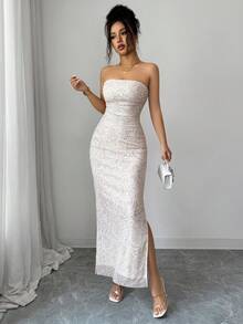 Rafferiza 女款滿版印花抹胸開衩下擺極簡休閒長洋裝套裝 - 杏色 - 查看 6