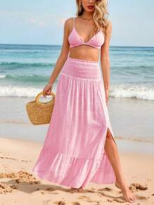 Swim Vcay Women's Sweet Vacation Style Shirred Hem Slit Cover-Up Dress - Pink - View 4